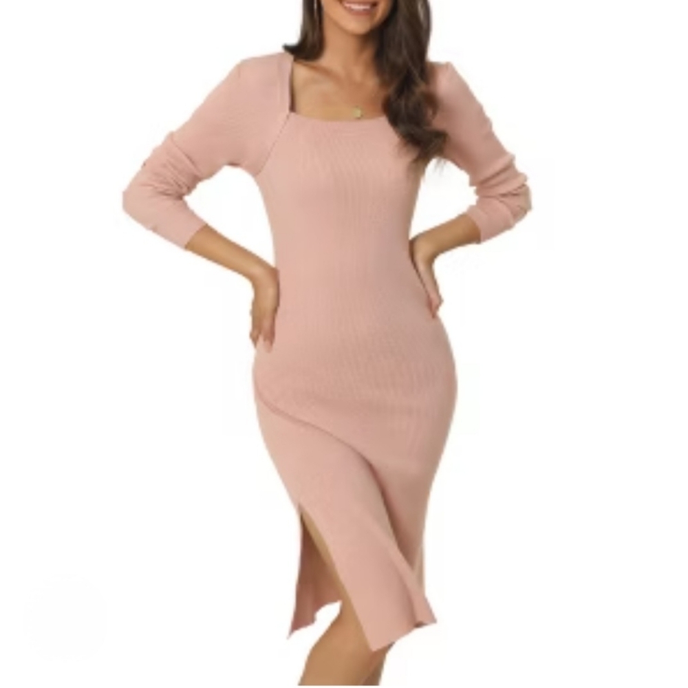 Seta T Women's Square Neck Long Sleeve Slim Fit Ribbed Knit Bodycon